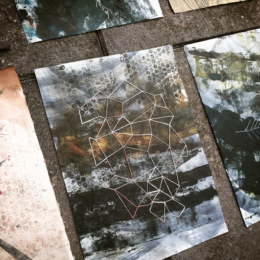 Abstract embroidery on paper black sand series