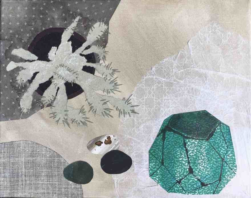 Abstract still life collage and embroidery on canvas