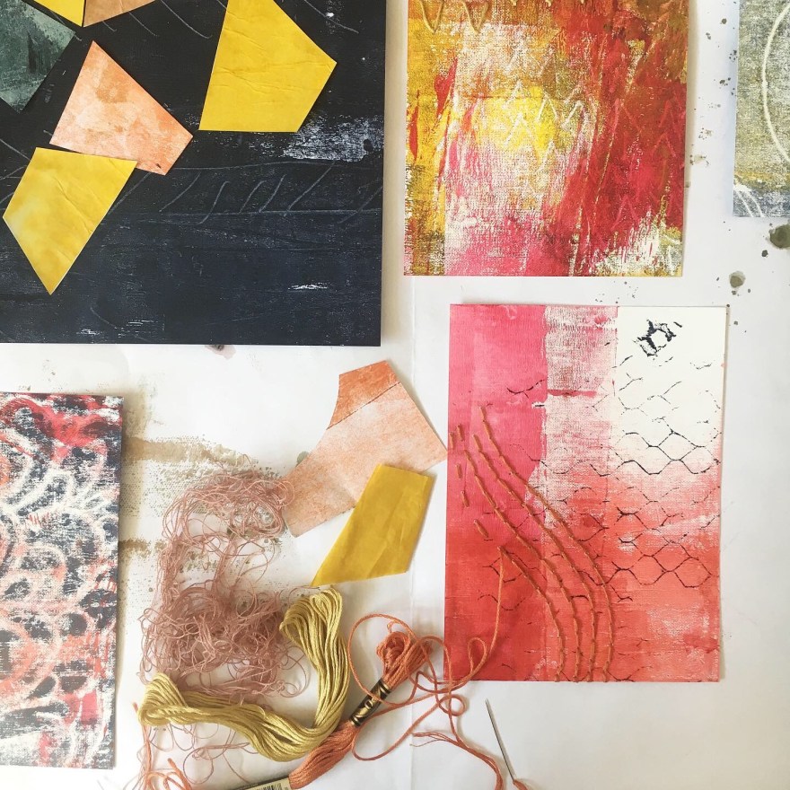 Desktop view monoprint and mixed media work