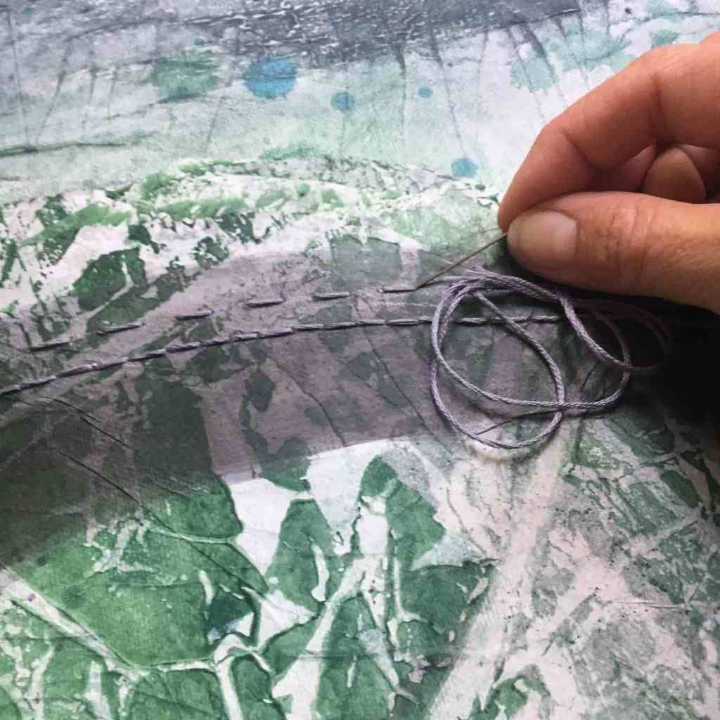 Tipping point detail mixed media and embroidery