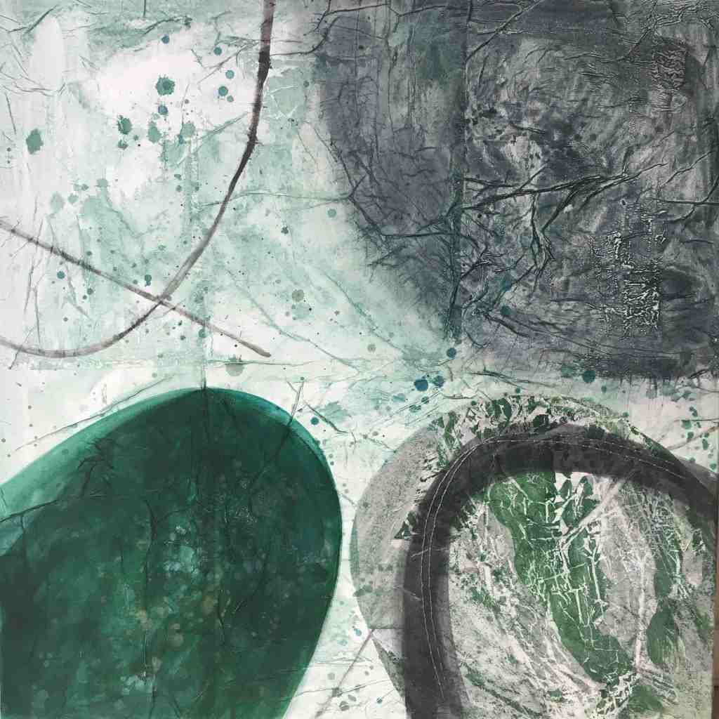 Tipping point mixed media and embroidery on canvas