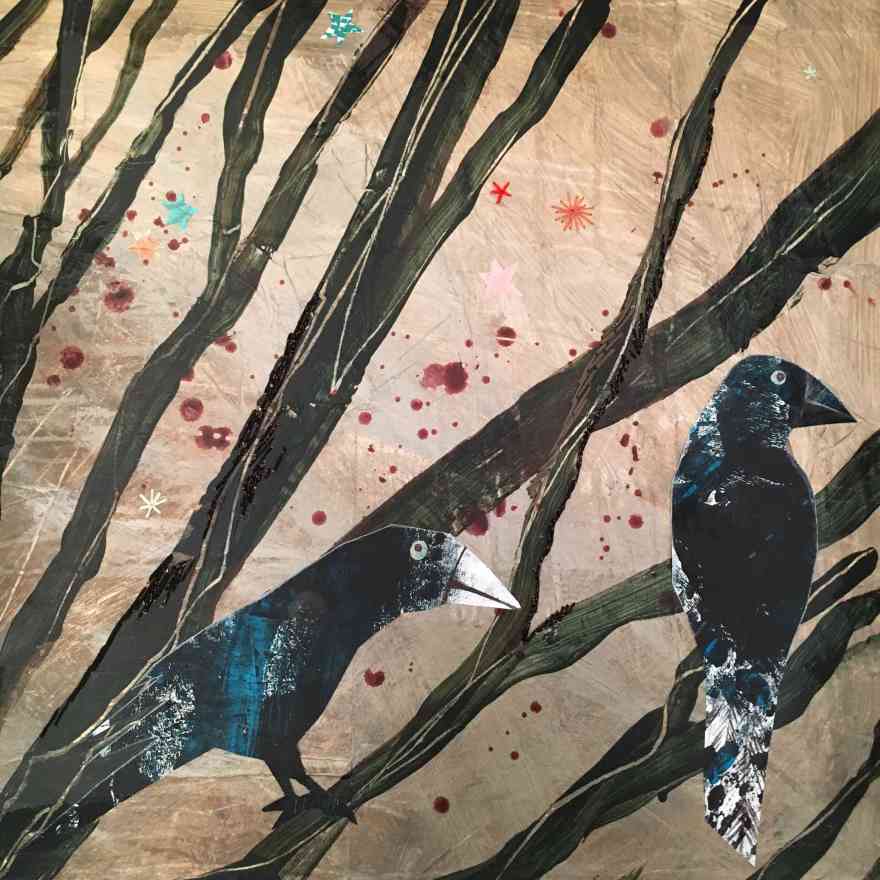 Two crows embroidery on canvas
