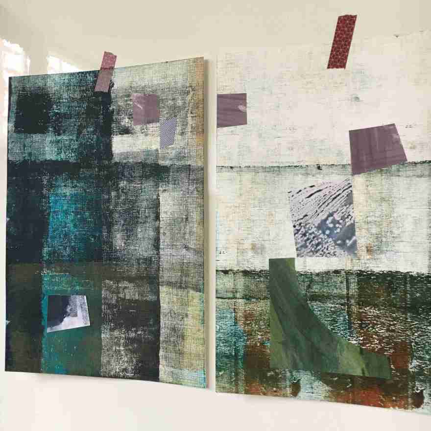 Two mixed media works in blues and mauve