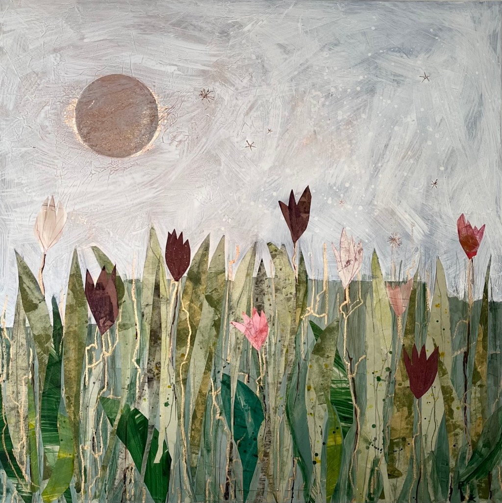 Through the flowers mixed media and oil stick on canvas