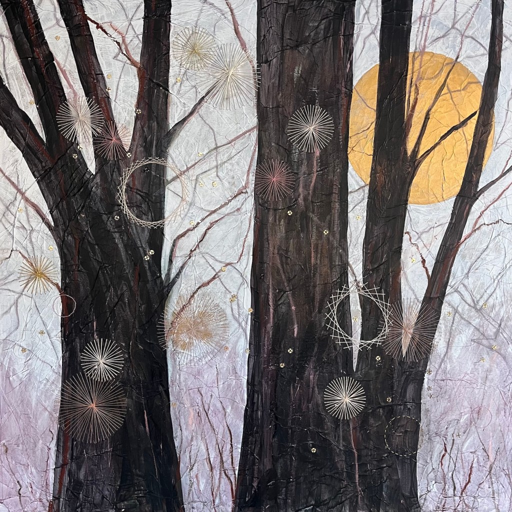 In violet dusk mixed media, acrylic and embroidery on canvas